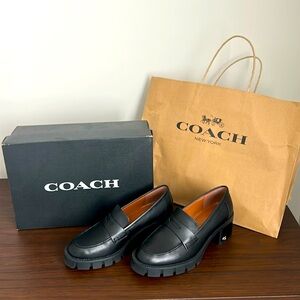 Brand new: COACH blk loafers w/ heel. Brand new in box. Fits true to size.